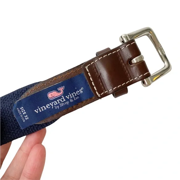 Vineyard Vines Belt Green Navy Blue Stripe Whale Emblem Preppy Academia Size 32 - Picture 7 of 9